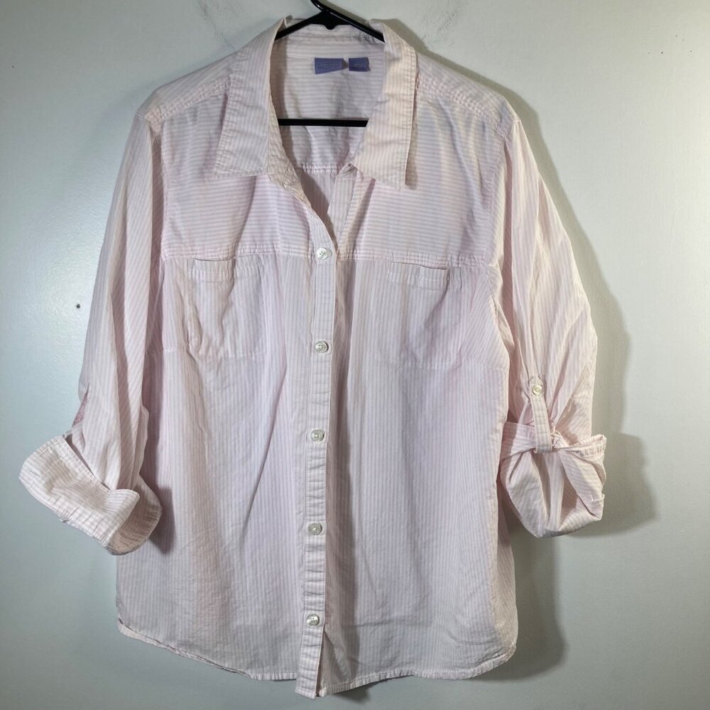 Womens Laura Scott Stripe Button Shirt Pink White 3X Cotton Roll Tab